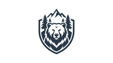 Fototapeta premium Bear Head Shield Logo with Mountains and Pine Trees