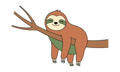 Fototapeta premium Friendly sloth with a gentle smile hanging from a horizontal tree branch in a clean monoline style isolated on white minimalist nature concept