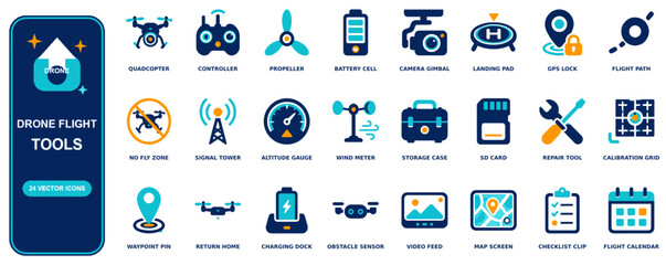 Drone flat icon set - 24 vector line icons: quadcopter, controller, propeller, battery cell, camera gimbal, landing pad, gps lock, flight path, no fly zone, signal tower, altitude gauge © wanjae
