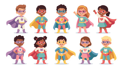 Fototapeta premium Diverse Group of Children as Superheroes: A collection of diverse children, portrayed as brave superheroes with colorful capes and masks, stand ready to save the day.