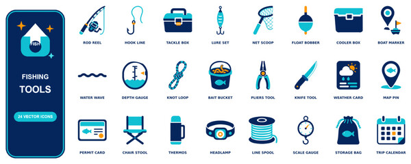 Fishing flat icon set - 24 vector line icons: rod reel, hook line, tackle box, lure set, net scoop, float bobber, cooler box, boat marker, water wave, depth gauge, knot loop, bait bucket, pliers © wanjae