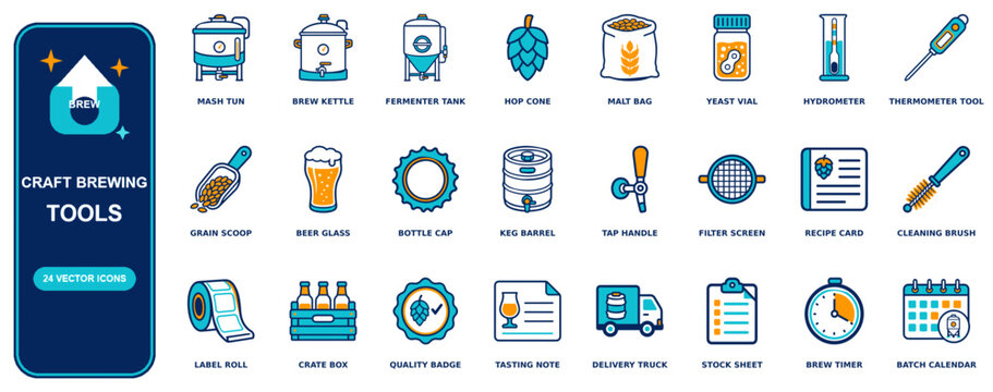 Craft Brewing flat icon set - 24 vector line icons: mash tun, brew kettle, fermenter tank, hop cone, malt bag, yeast vial, hydrometer, thermometer, grain scoop, beer glass, bottle cap, keg barrel