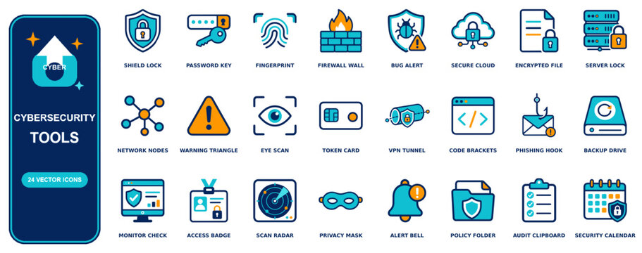 Cybersecurity flat icon set - 24 vector line icons: shield lock, password key, fingerprint, firewall wall, bug alert, secure cloud, encrypted file, server lock, network nodes, warning triangle