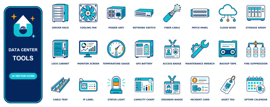 Data Center flat icon set - 24 vector line icons: server rack, cooling fan, power unit, network switch, fiber cable, patch panel, cloud node, storage array, lock cabinet, monitor screen