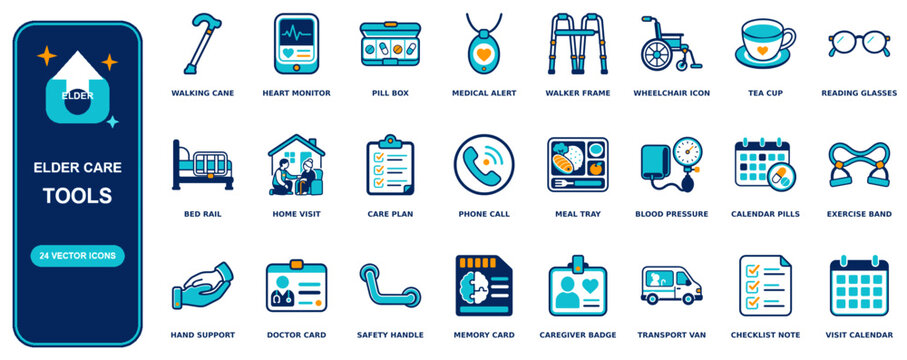 Elder Care flat icon set - 24 vector line icons: walking cane, heart monitor, pill box, medical alert, walker frame, wheelchair, tea cup, reading glasses, bed rail, home visit, care plan