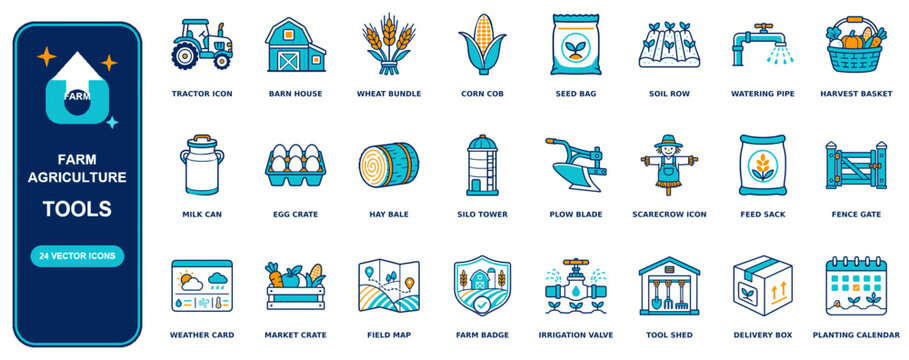 Farm Agriculture flat icon set - 24 vector line icons: tractor, barn house, wheat bundle, corn cob, seed bag, soil row, watering pipe, harvest basket, milk can, egg crate, hay bale, silo tower