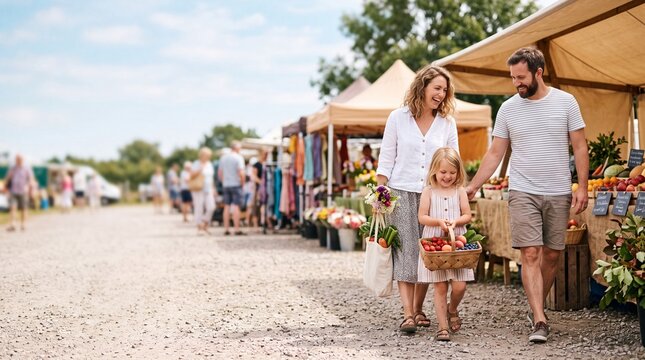 A happy family enjoys a leisurely stroll through a vibrant outdoor farmer's market, browsing stalls filled with fresh produce and handmade goods under a bright, sunny sky.
