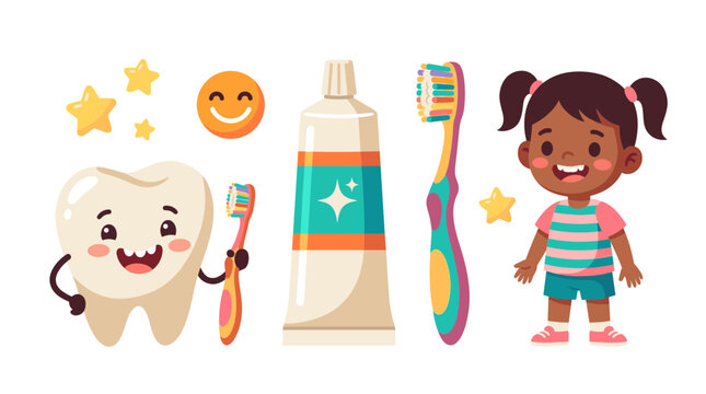 Cute Tooth and Girl Brushing Teeth: A happy cartoon tooth character, a smiling girl, toothpaste, and toothbrushes are depicted in a vibrant, playful illustration promoting good dental hygiene.