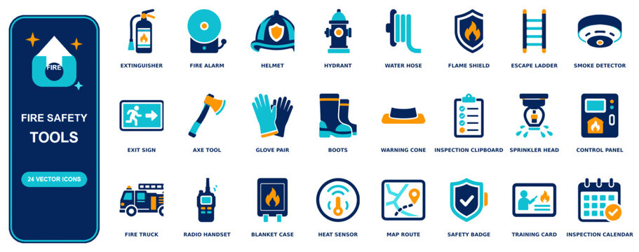 Fire Safety flat icon set - 24 vector line icons: extinguisher, fire alarm, helmet, hydrant, water hose, flame shield, escape ladder, smoke detector, exit sign, axe, glove pair, boots