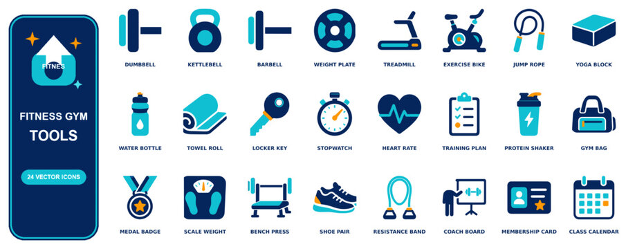 Fitness Gym flat icon set - 24 vector line icons: dumbbell, kettlebell, barbell, weight plate, treadmill, exercise bike, jump rope, yoga block, water bottle, towel roll, locker key, stopwatch