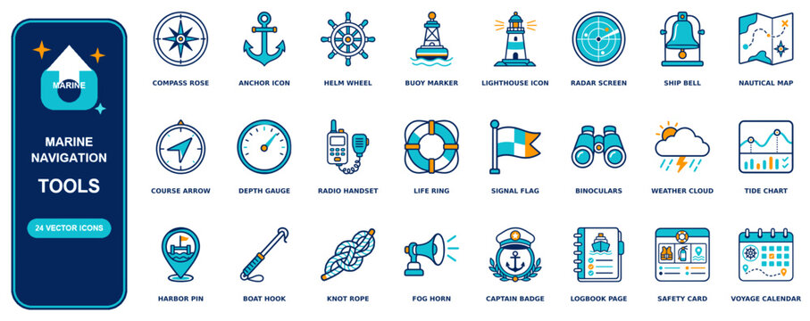 Marine Navigation flat icon set - 24 vector line icons: compass rose, anchor, helm wheel, buoy marker, lighthouse, radar screen, ship bell, nautical map, course arrow, depth gauge, radio handset