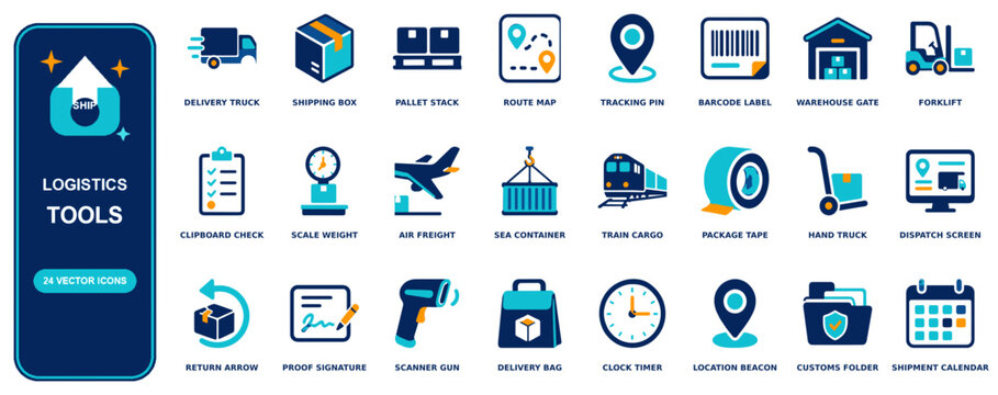 Logistics flat icon set - 24 vector line icons: delivery truck, shipping box, pallet stack, route map, tracking pin, barcode label, warehouse gate, forklift, clipboard check, scale weight