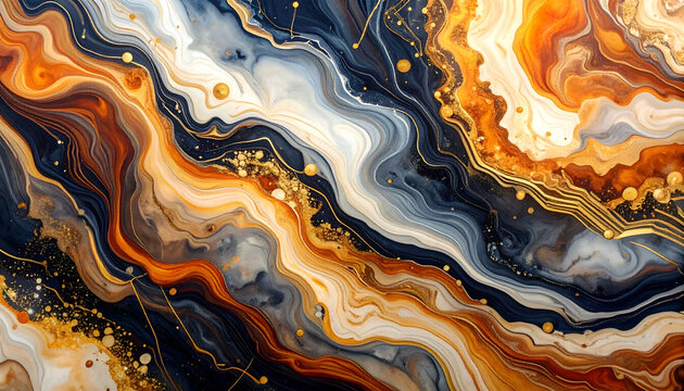 Abstract Swirling Marbling Texture with Gold Accents.