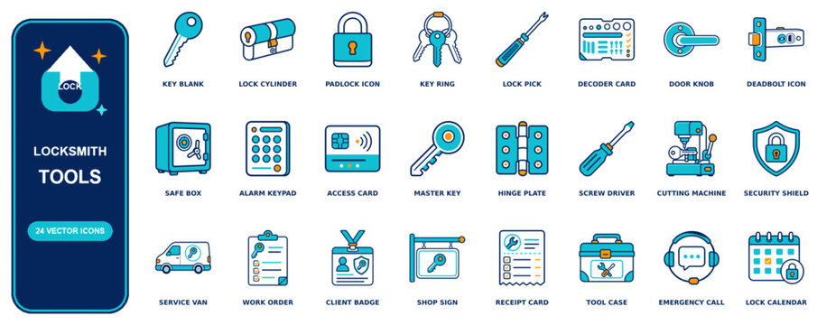 Locksmith flat icon set - 24 vector line icons: key blank, lock cylinder, padlock, key ring, lock pick, decoder card, door knob, deadbolt, safe box, alarm keypad, access card, master key