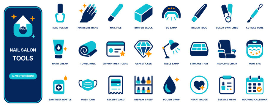 Nail Salon flat icon set - 24 vector line icons: nail polish, manicure hand, nail file, buffer block, uv lamp, brush, color swatches, cuticle, hand cream, towel roll, appointment card, gem sticker