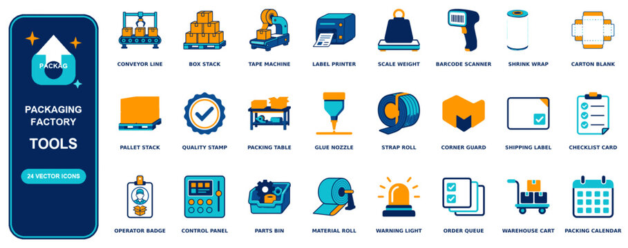 Packaging Factory flat icon set - 24 vector line icons: conveyor line, box stack, tape machine, label printer, scale weight, barcode scanner, shrink wrap, carton blank, pallet stack, quality stamp