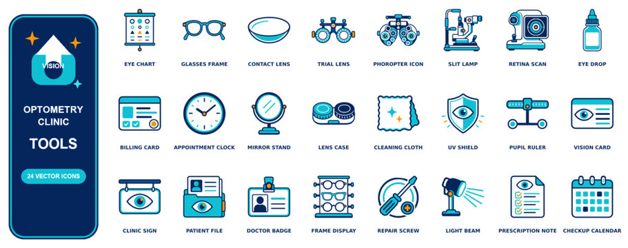 Optometry Clinic flat icon set - 24 vector line icons: eye chart, glasses frame, contact lens, trial lens, phoropter, slit lamp, retina scan, eye drop, billing card, appointment clock