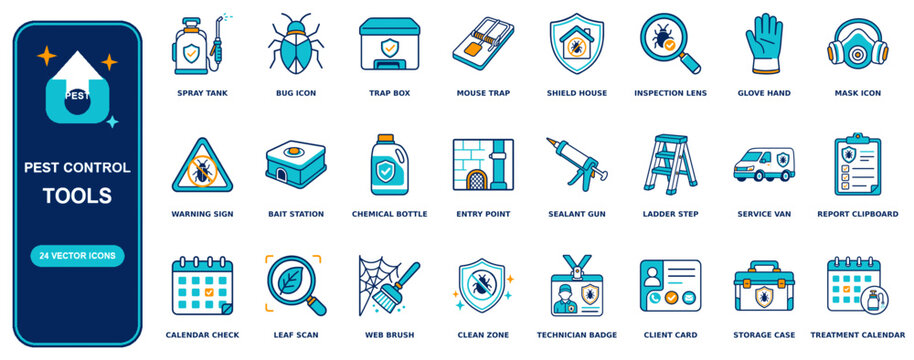 Pest Control flat icon set - 24 vector line icons: spray tank, bug, trap box, mouse trap, shield house, inspection lens, glove hand, mask, warning sign, bait station, chemical bottle, entry point