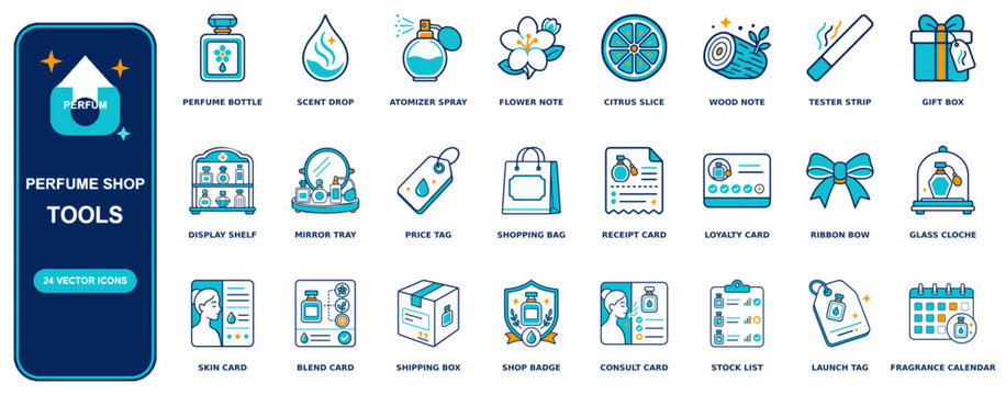 Perfume Shop flat icon set - 24 vector line icons: perfume bottle, scent drop, atomizer spray, flower note, citrus slice, wood note, tester strip, gift box, display shelf, mirror tray, price tag