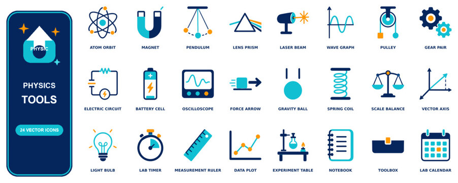 Physics flat icon set - 24 vector line icons: atom orbit, magnet, pendulum, lens prism, laser beam, wave graph, pulley, gear pair, electric circuit, battery cell, oscilloscope, force arrow
