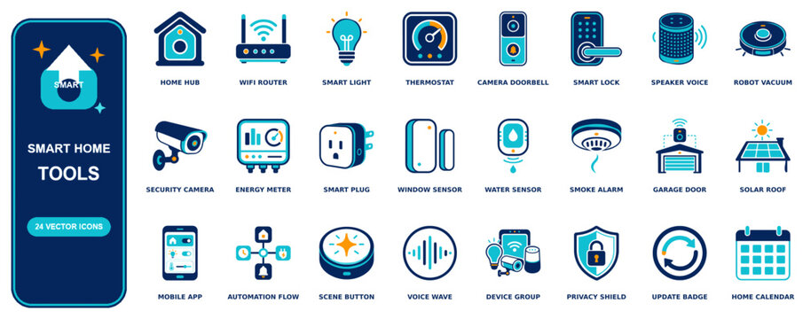 Smart Home flat icon set - 24 vector line icons: home hub, wifi router, smart light, thermostat, camera doorbell, smart lock, speaker voice, robot vacuum, security camera, energy meter, smart plug