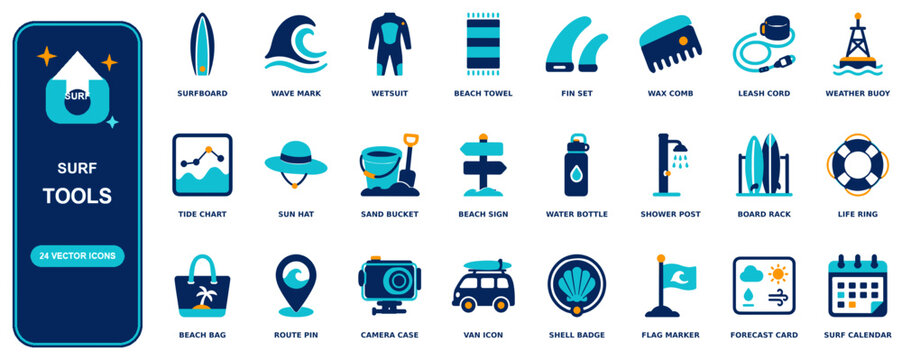 Surf flat icon set - 24 vector line icons: surfboard, wave mark, wetsuit, beach towel, fin set, wax comb, leash cord, weather buoy, tide chart, sun hat, sand bucket, beach sign, water bottle