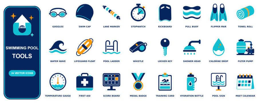 Swimming Pool flat icon set - 24 vector line icons: goggles, swim cap, lane marker, stopwatch, kickboard, pull buoy, flipper pair, towel roll, water wave, lifeguard float, pool ladder, whistle