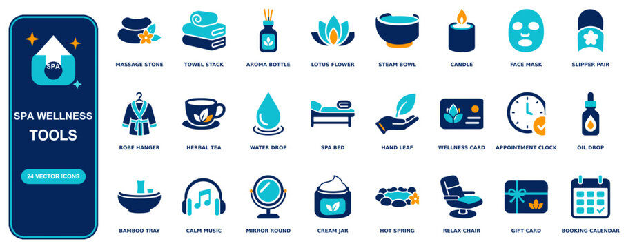 Spa flat icon set - 24 vector line icons: massage stone, towel stack, aroma bottle, lotus flower, steam bowl, candle, face mask, slipper pair, robe hanger, herbal tea, water drop, spa bed