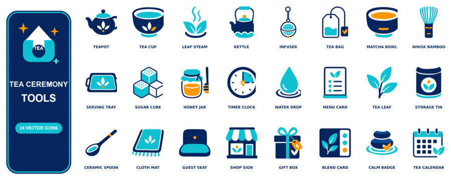 Tea flat icon set - 24 vector line icons: teapot, tea cup, leaf steam, kettle, infuser, tea bag, matcha bowl, whisk bamboo, serving tray, sugar cube, honey jar, timer clock, water drop, menu card