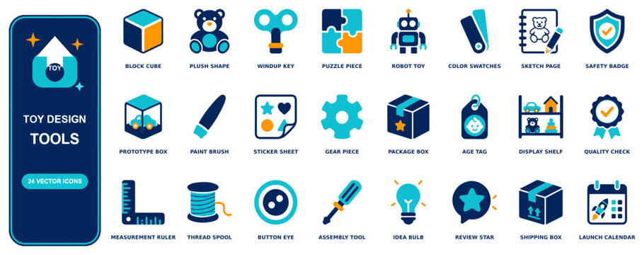 Toy Design flat icon set - 24 vector line icons: block cube, plush shape, windup key, puzzle piece, robot toy, color swatches, sketch page, safety badge, prototype box, paint brush, sticker sheet