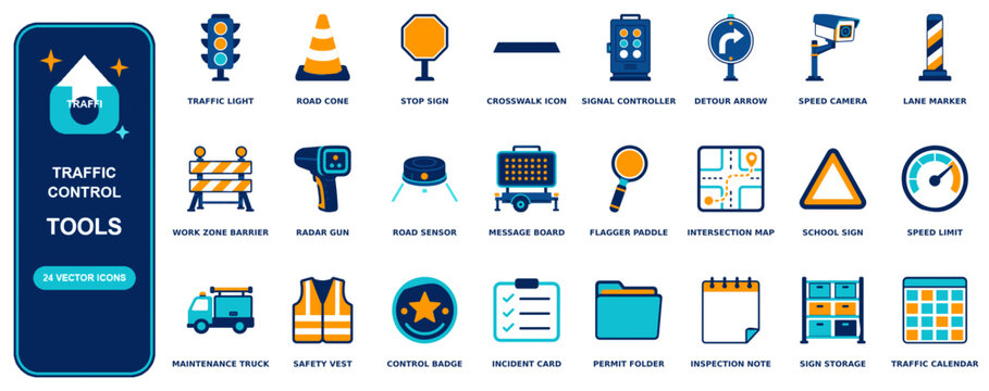 Traffic Control flat icon set - 24 vector line icons: traffic light, road cone, stop sign, crosswalk, signal controller, detour arrow, speed camera, lane marker, work zone barrier, radar gun