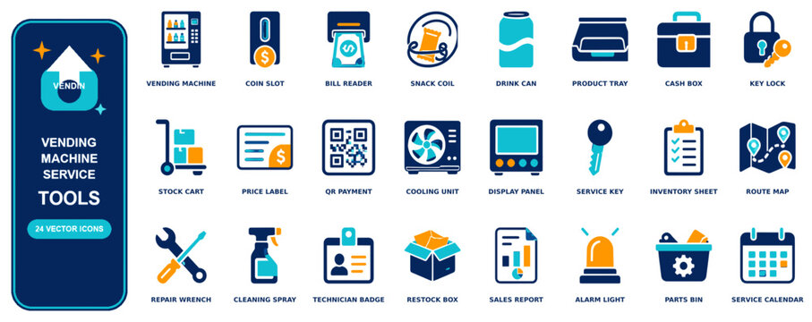 Vending Machine Service flat icon set - 24 vector line icons: vending machine, coin slot, bill reader, snack coil, drink can, product tray, cash box, key lock, stock cart, price label, qr payment