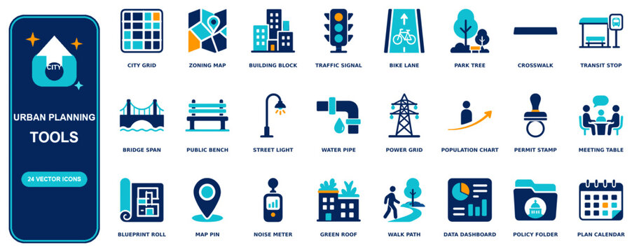 Urban Planning flat icon set - 24 vector line icons: city grid, zoning map, building block, traffic signal, bike lane, park tree, crosswalk, transit stop, bridge span, public bench, street light
