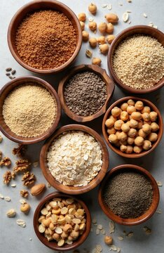 Collection of wooden bowls filled with diverse grains seeds and nuts. Ingredients for healthy cooking and eating. Assortment of natural foods for diet.