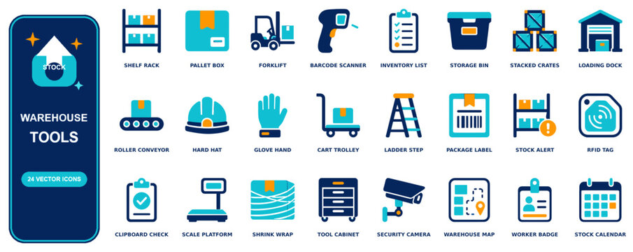 Warehouse flat icon set - 24 vector line icons: shelf rack, pallet box, forklift, barcode scanner, inventory list, storage bin, stacked crates, loading dock, roller conveyor, hard hat, glove hand