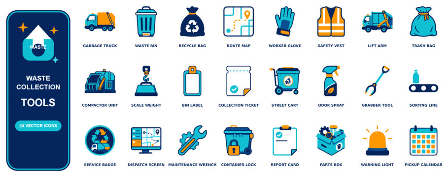 Waste Collection flat icon set - 24 vector line icons: garbage truck, waste bin, recycle bag, route map, worker glove, safety vest, lift arm, trash bag, compactor unit, scale weight, bin label