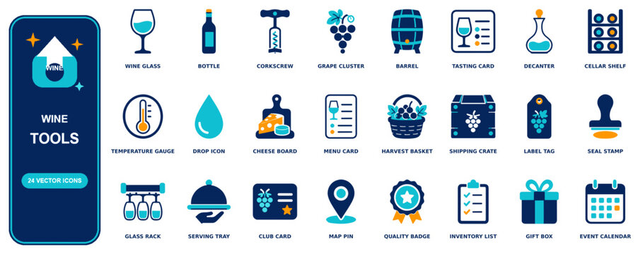Wine flat icon set - 24 vector line icons: wine glass, bottle, corkscrew, grape cluster, barrel, tasting card, decanter, cellar shelf, temperature gauge, drop, cheese board, menu card