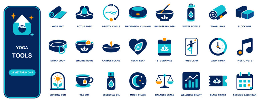 Yoga flat icon set - 24 vector line icons: yoga mat, lotus pose, breath circle, meditation cushion, incense holder, water bottle, towel roll, block pair, strap loop, singing bowl, candle flame