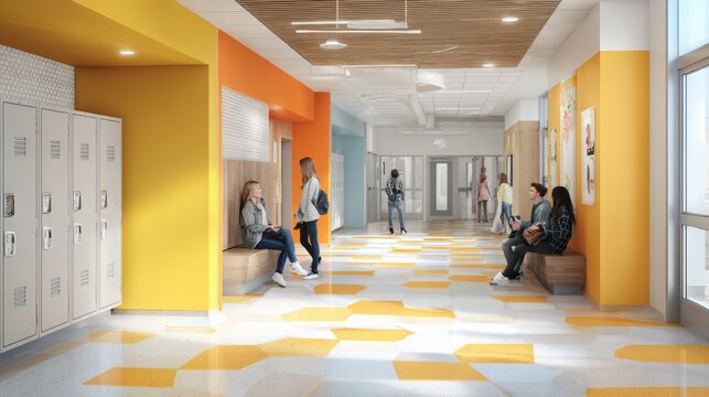 Modern school hallway with students sitting on benches and lockers along the wall