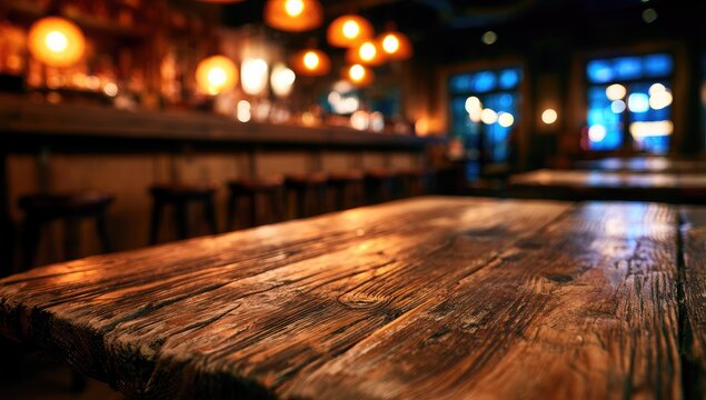 Rustic wooden table in dimly lit, warm-toned bar with blurred background