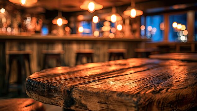 Cozy dimly lit wooden bar interior with glowing pendant lights