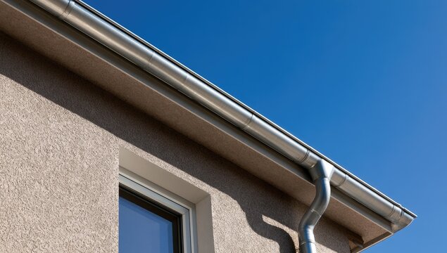 Close-up of a modern building's exterior with a clean metal gutter system