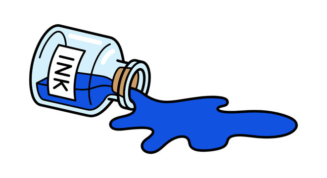 Blue spilled ink-bottle with liquid puddle on surface