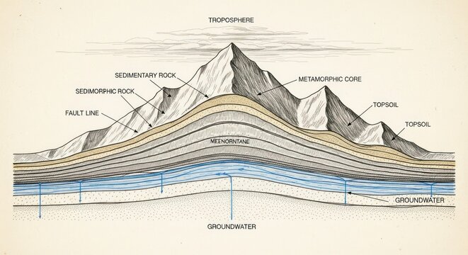 Geological Cross-Section of Mountains Showing Stratified Rock Layers and Groundwater.