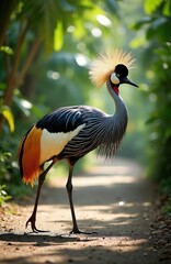 Naklejka premium Grey crowned crane bird with unique head feathers walks on jungle path. Tall bird has orange tail feathers and elegant long legs. Sunny day in lush green tropical park.