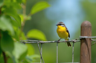 Fototapeta premium Small yellow bird with grey head sits on wire fence in sunny garden. Green leaves and blue sky background blur. Wildlife small creature in outdoor nature setting.