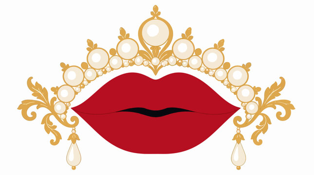 Regal Red Lips Adorned with Golden Pearl Tiara - An Emblem of Royal Feminine Beauty and Glamour