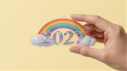 Naklejka premium Hand holds rainbow sticker with 