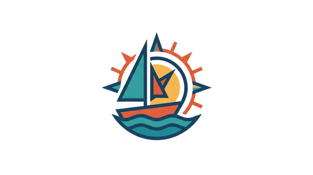 Stylized sailboat on waves with sun and compass rose.