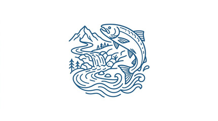 Obraz premium Salmon Jumping Upstream Through Waterfall in Mountain River.